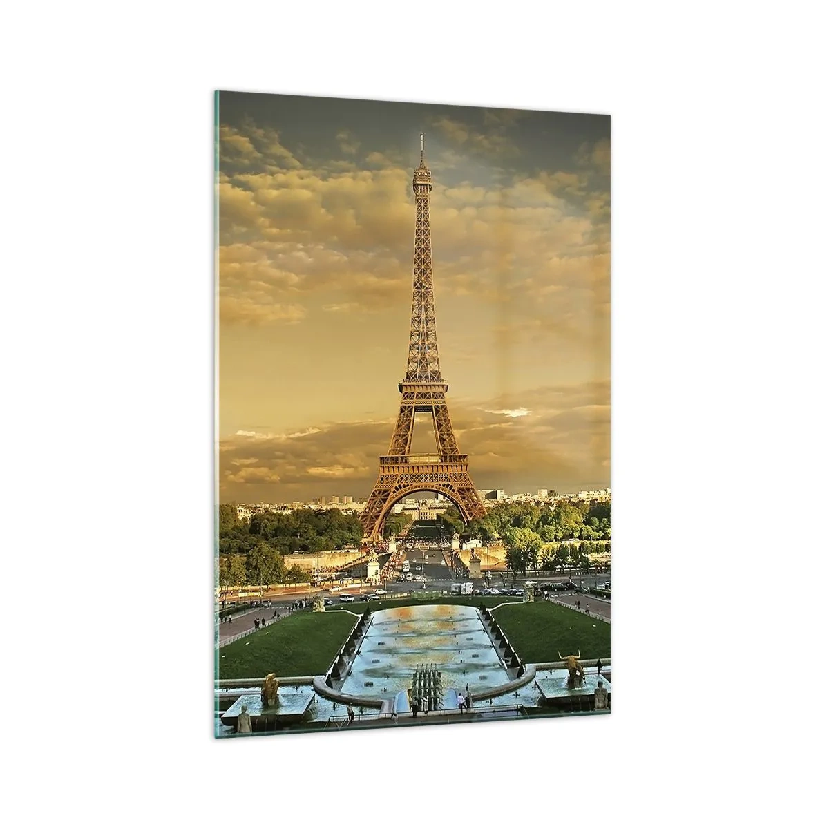 Glasbild - Bild auf glas - Der Eiffelturm in Paris bei Sonnenuntergang - 70x100cm - Königin von Paris - Moderne Wanddekoration für Wohnzimmer und Schlafzimmer ARTTOR