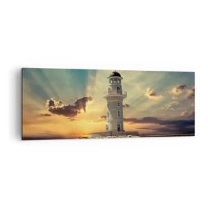 Bild auf Leinwand - Leinwandbild - Ein Leuchtturm bei Sonnenuntergang gegen den Himmel - 140x50cm - Licht - Gut - Schönheit - Moderne Wanddekoration für Wohnzimmer und Schlafzimmer ARTTOR