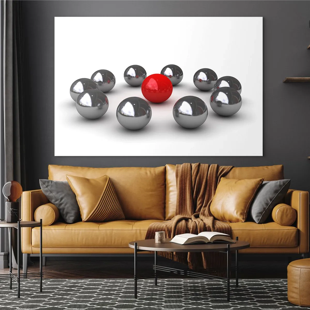 Glasbild - Bild auf glas - Eine rote Kugel, umgeben von Silber auf weißem Hintergrund - 70x50cm - Ein Kreis in Silber und Rot - Moderne Wanddekoration für Wohnzimmer und Schlafzimmer ARTTOR