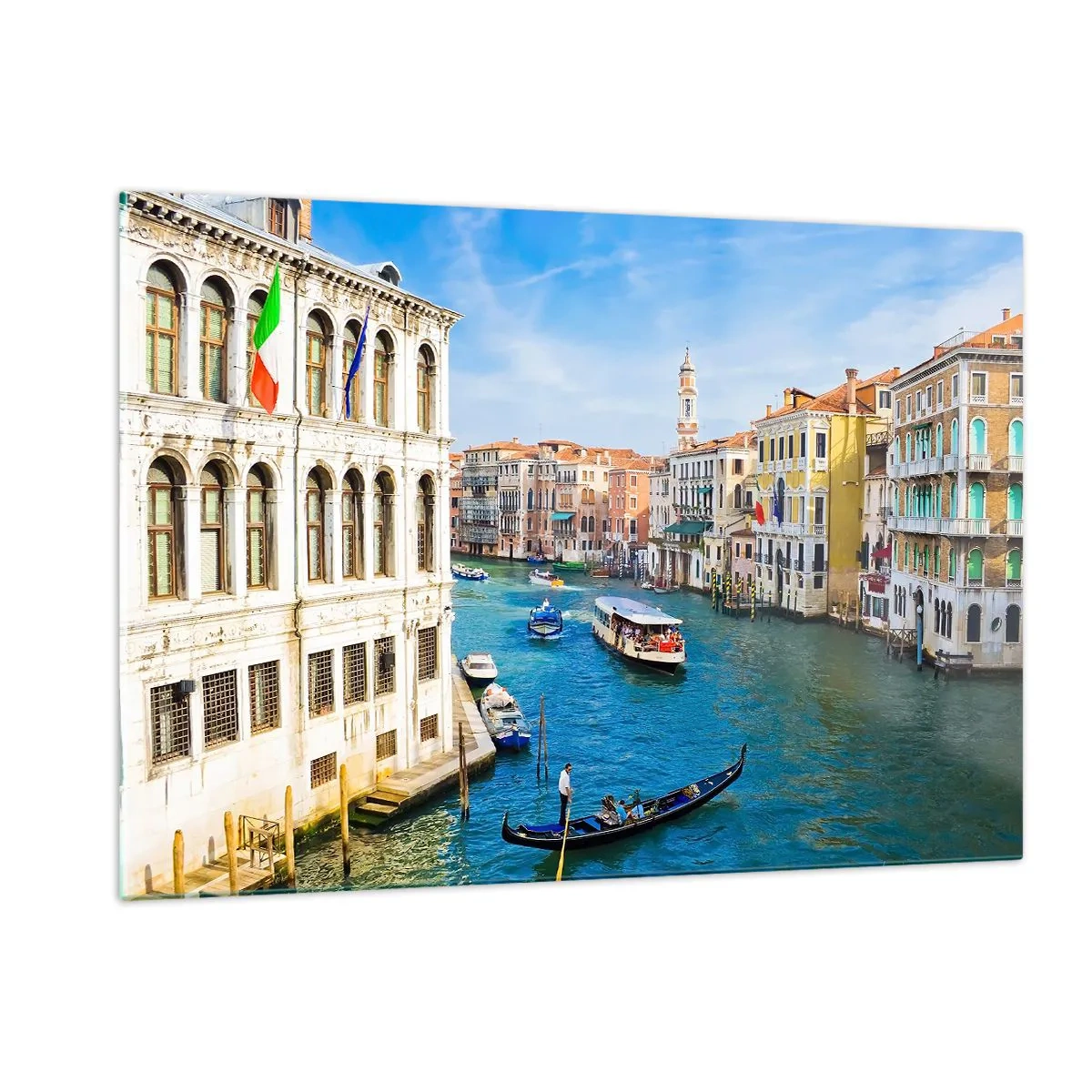 Glasbild - Bild auf glas - Ein Kanal in Venedig mit Gondeln und Booten auf dem Wasser - 120x80cm - Der einzigartige Verkehr der Welt - Moderne Wanddekoration für Wohnzimmer und Schlafzimmer ARTTOR