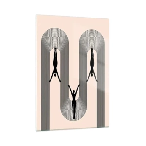 Glasbild - Bild auf glas - Schwarze Silhouetten von Figuren, die in rhythmischen Bögen schweben - 50x70cm - Verkehrt herum - Moderne Wanddekoration für Wohnzimmer und Schlafzimmer ARTTOR