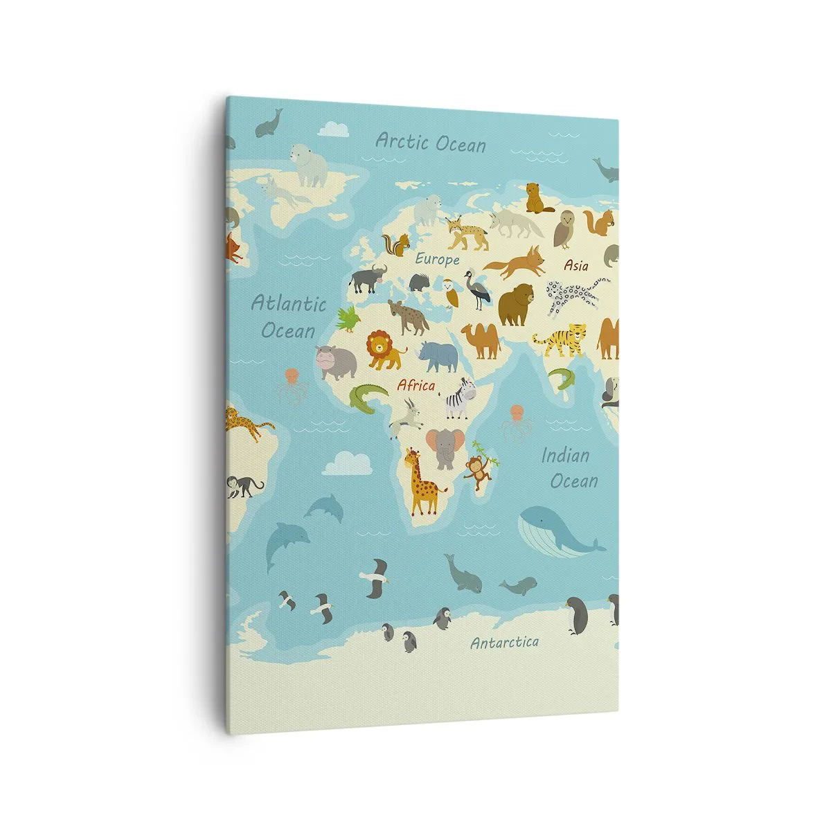 Bild auf Leinwand - Leinwandbild - Weltkarte mit Tierillustrationen - 70x100cm - Gute Nachbarn - Moderne Wanddekoration für Wohnzimmer und Schlafzimmer ARTTOR