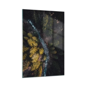 Glasbild - Bild auf glas - Ein Blick von oben auf einen Wald mit einem gewundenen Fluss - 70x100cm - Schnell und immer schneller - Moderne Wanddekoration für Wohnzimmer und Schlafzimmer ARTTOR