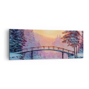 Bild auf Leinwand - Leinwandbild - Winterlandschaft mit einer vom Sonnenuntergang beleuchteten Brücke - 140x50cm - Vier Jahreszeiten - Winter - Moderne Wanddekoration für Wohnzimmer und Schlafzimmer ARTTOR