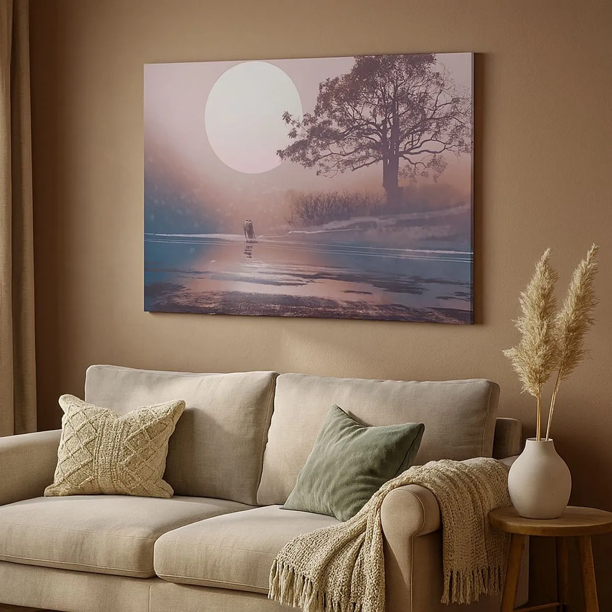 Bild auf Leinwand - Leinwandbild - Romantische Szene mit dem Mond und einem Baum am Wasser - 70x50cm - Wunder der Nacht - Moderne Wanddekoration für Wohnzimmer und Schlafzimmer ARTTOR