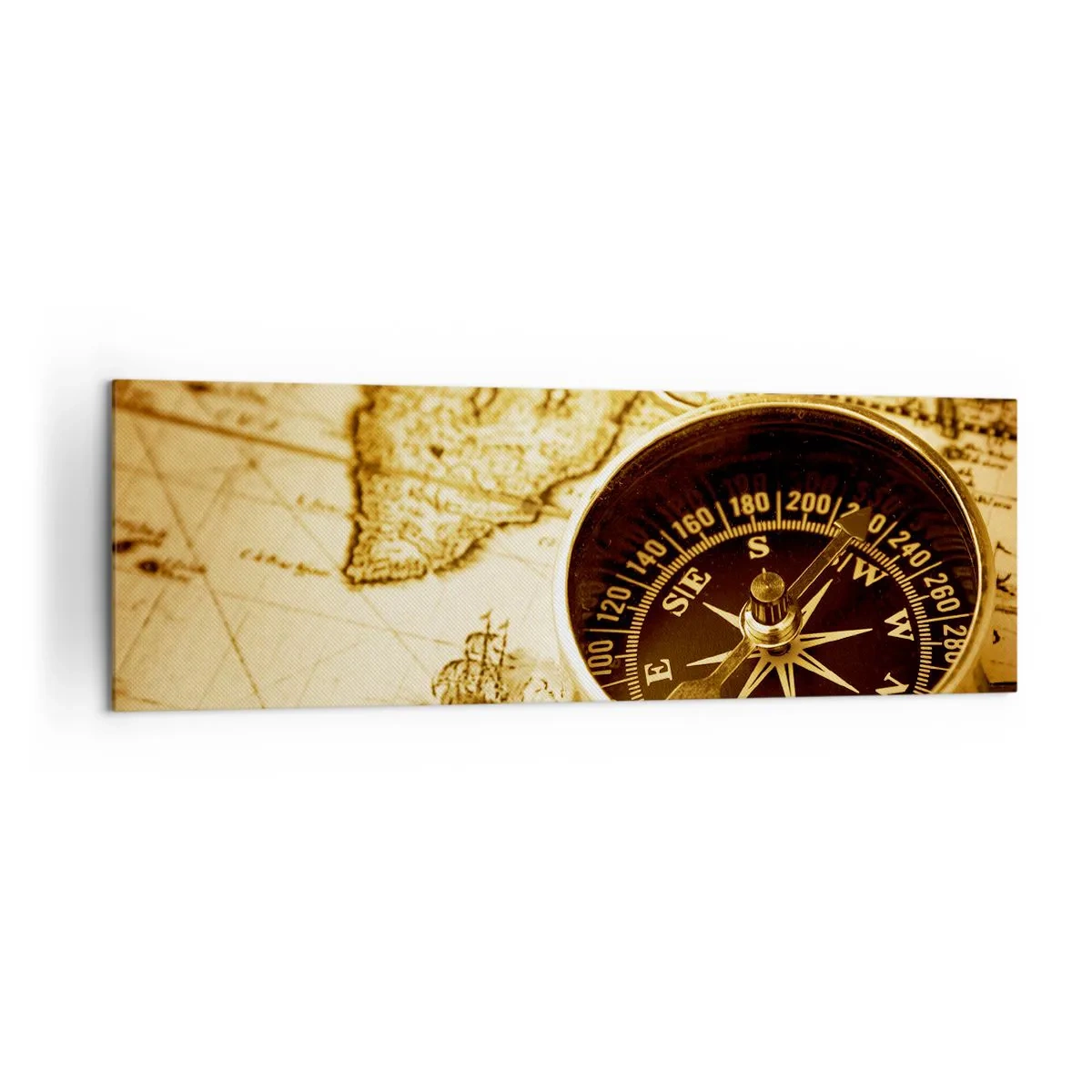 Bild auf Leinwand - Leinwandbild - Ein antiker Kompass vor dem Hintergrund einer alten Weltkarte - 160x50cm - Ost oder West? - Moderne Wanddekoration für Wohnzimmer und Schlafzimmer ARTTOR