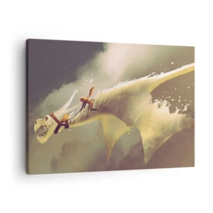 Bild auf Leinwand - Leinwandbild - Illustration eines Drachenreiters in einer Fantasy-Wolkenlandschaft - 70x50cm - Die Welt zur Rettung - Moderne Wanddekoration für Wohnzimmer und Schlafzimmer ARTTOR