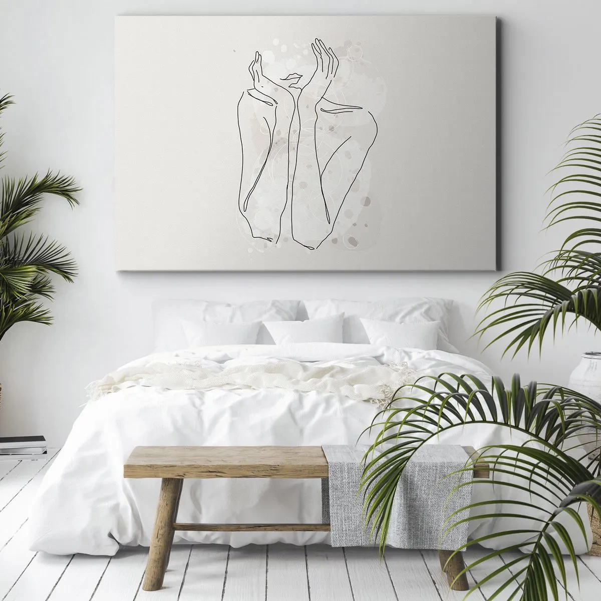 Bild auf Leinwand - Leinwandbild - Konturlinie zeigt die Hände einer Frau auf hellem Hintergrund - 120x80cm - Ein träumerischer Moment - Moderne Wanddekoration für Wohnzimmer und Schlafzimmer ARTTOR