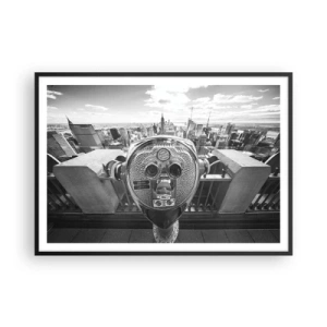 Poster in einem schwarzem Rahmen - Monochromer Blick durch das Teleskop auf das Stadtpanorama - 100x70cm - Stadt über den Städten - Moderne Wanddekoration für Wohnzimmer und Schlafzimmer ARTTOR