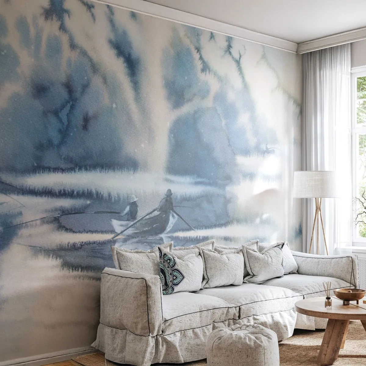 Fototapete Premium Canvas - Aquarelllandschaft mit Booten auf einem See, umgeben von einem nebligen Wald - 100x70cm - Angler in ihrem Paradies - Moderne Wanddekoration für Wohnzimmer und Schlafzimmer ARTTOR