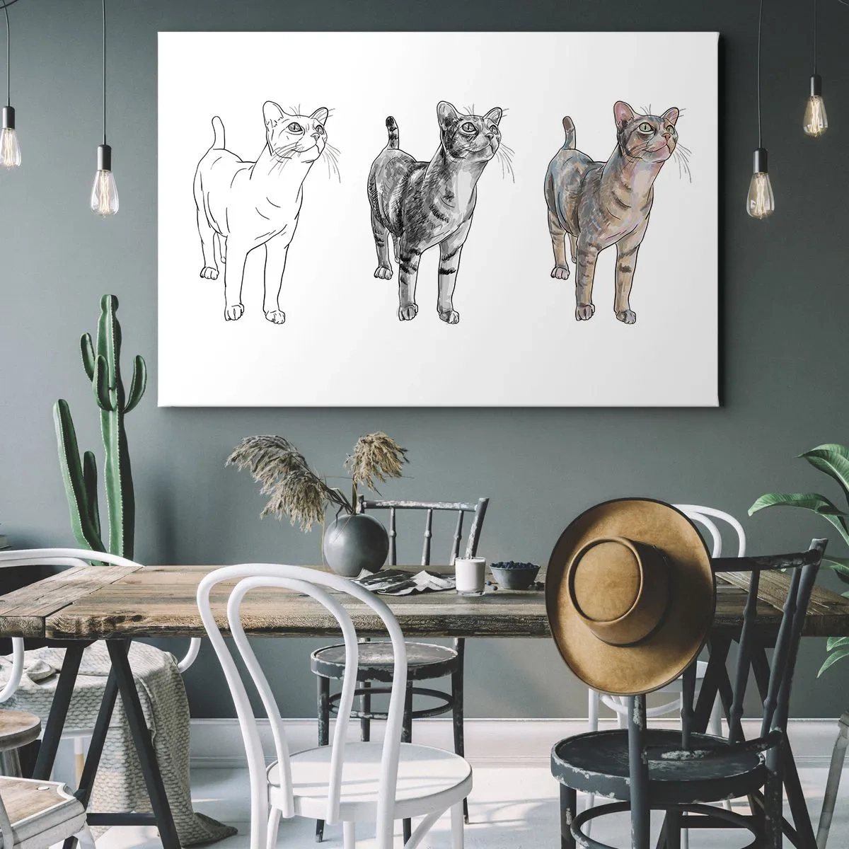 Bild auf Leinwand - Leinwandbild - Die Entwicklung einer Katzenzeichnung von der Skizze zur farbigen Form - 70x50cm - Zeichenunterricht - Moderne Wanddekoration für Wohnzimmer und Schlafzimmer ARTTOR