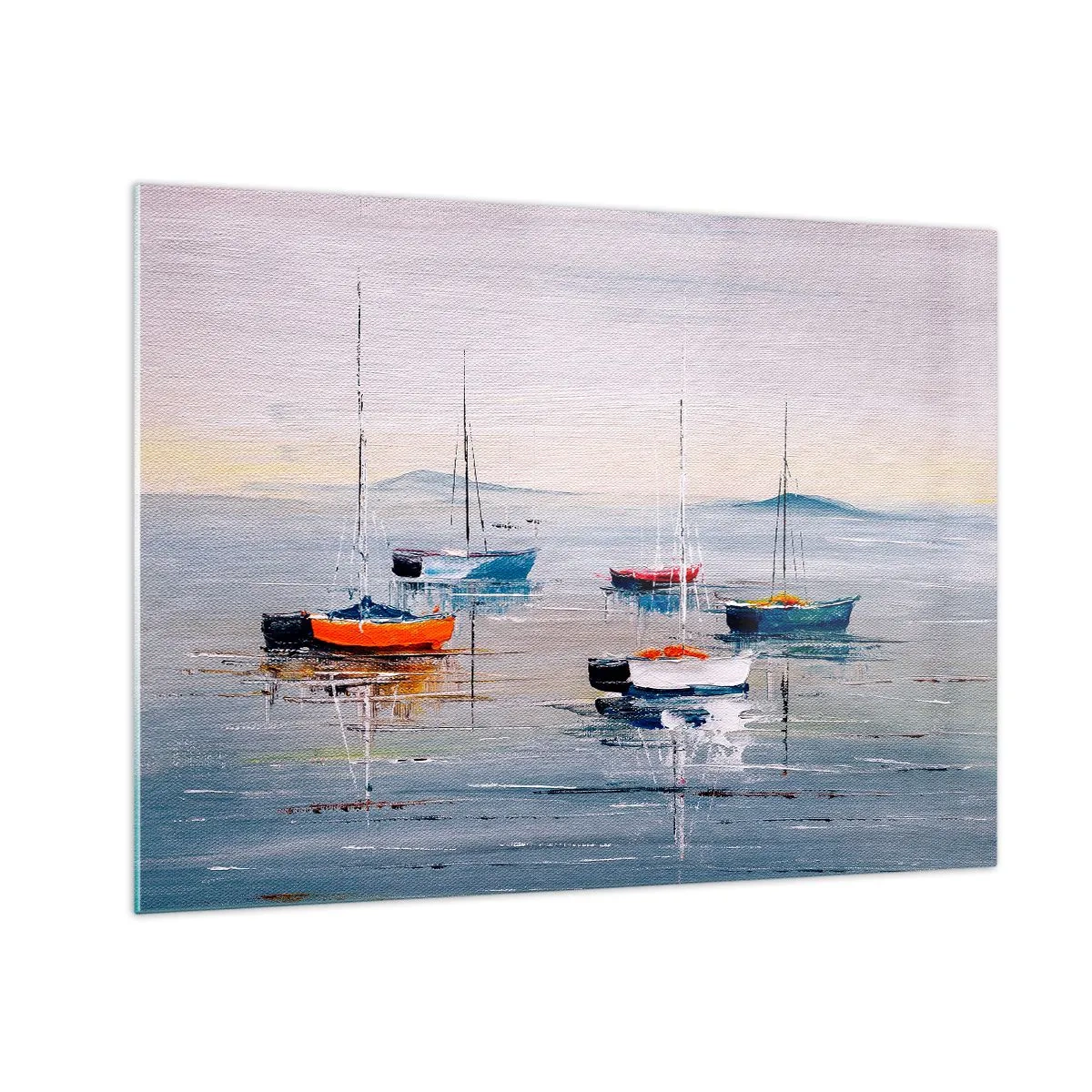 Glasbild - Bild auf glas - Bunte Boote treiben bei Sonnenuntergang auf dem ruhigen Wasser - 70x50cm - Wohlverdiente Ruhe - Moderne Wanddekoration für Wohnzimmer und Schlafzimmer ARTTOR