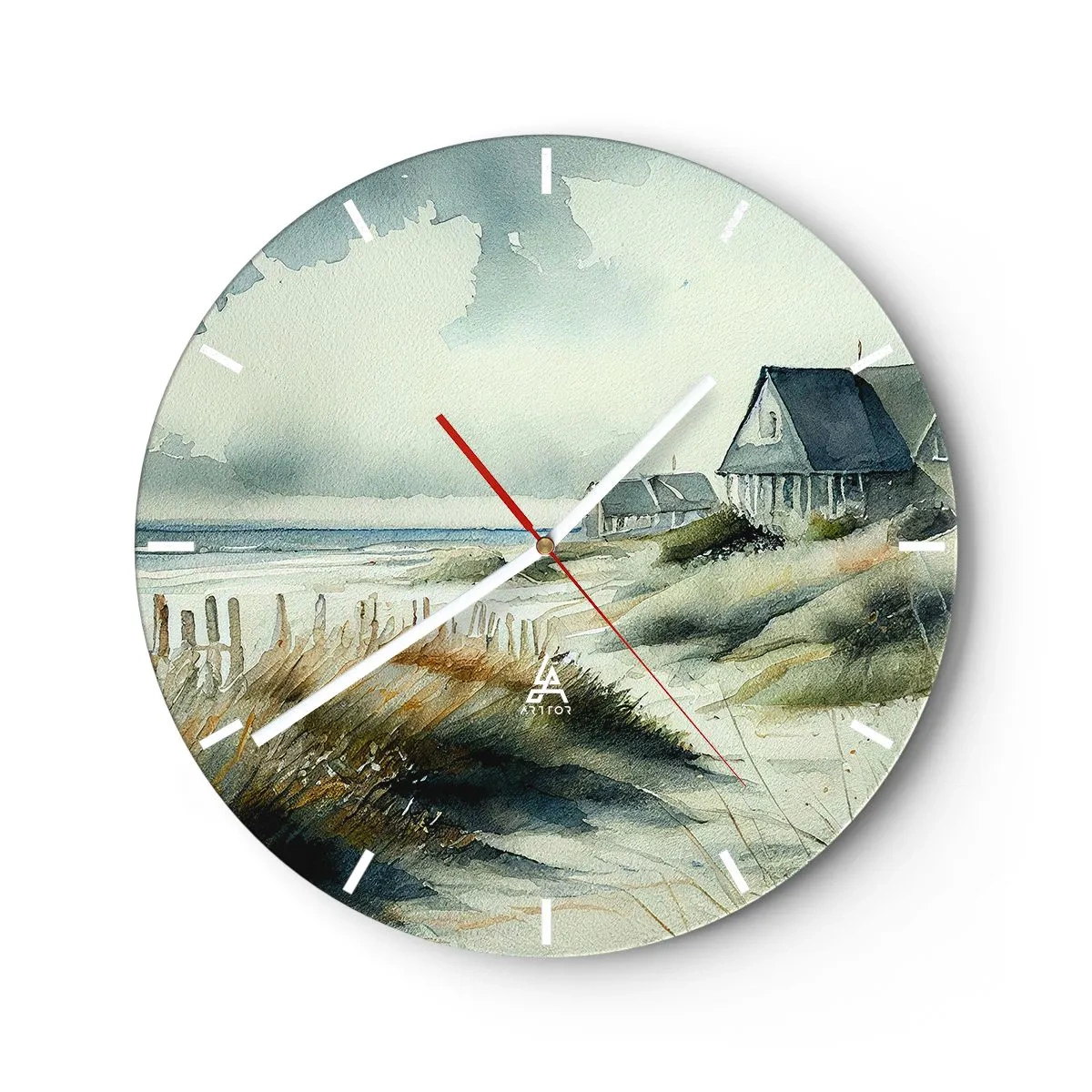 Wanduhr - Glasuhr - Dünenhäuser im Aquarellstil an einer ruhigen Küste - 30x30cm - Abseits vom Trubel - Moderne Wanddekoration für Wohnzimmer, Küche und Schlafzimmer ARTTOR