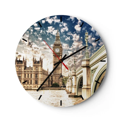 Wanduhr - Glasuhr - Big Ben und die Themse-Brücke in London an einem sonnigen Tag - 30x30cm - Federwolken über der Themse - Moderne Wanddekoration für Wohnzimmer, Küche und Schlafzimmer ARTTOR