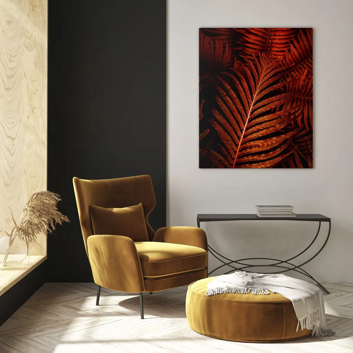 Glasbild - Bild auf glas - Rote Blätter einer tropischen Pflanze auf dunklem Hintergrund - 50x70cm - Die Hitze des Lebens - Moderne Wanddekoration für Wohnzimmer und Schlafzimmer ARTTOR