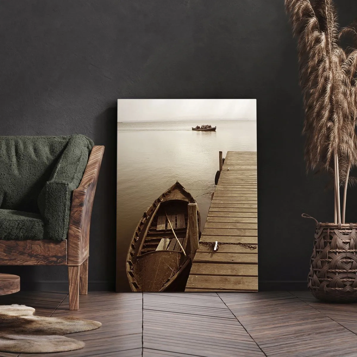 Bild auf Leinwand - Leinwandbild - Holzsteg und Boot auf einem ruhigen See - 50x70cm - Großer Frieden - Moderne Wanddekoration für Wohnzimmer und Schlafzimmer ARTTOR