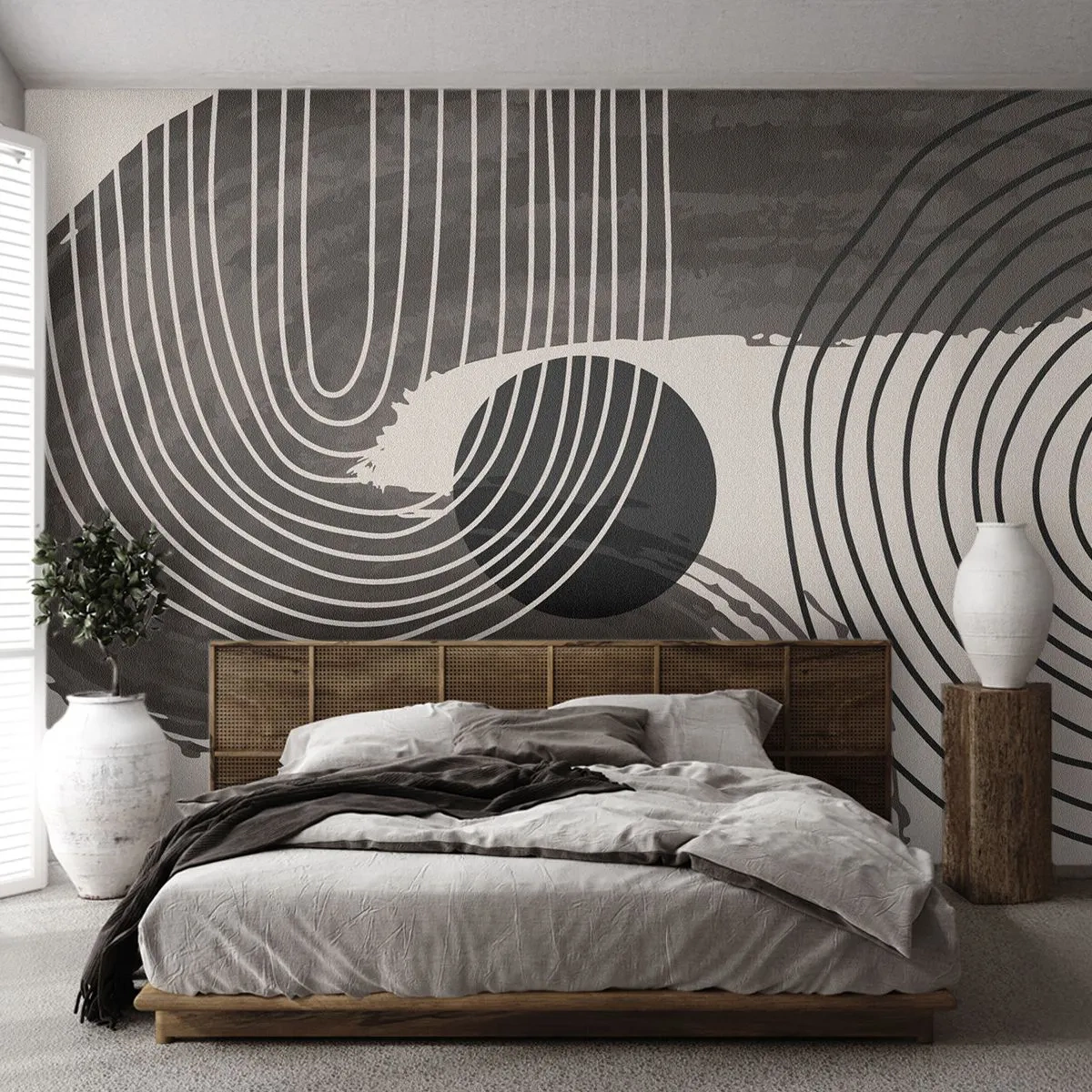 Fototapete Premium Sand - Geometrische Komposition mit schwarzem Kreis und Sepia-Linien - 100x70cm - Oval gewinnt - Moderne Wanddekoration für Wohnzimmer und Schlafzimmer ARTTOR