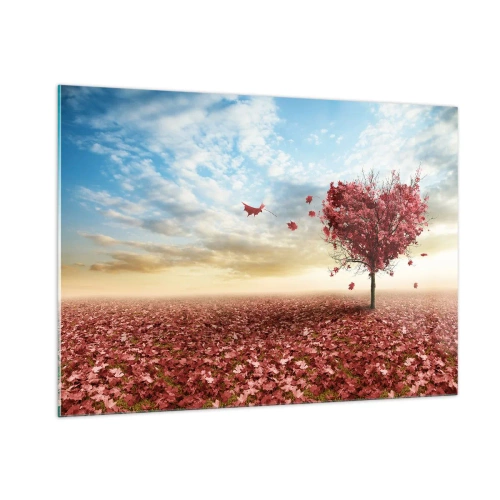 Glasbild - Bild auf glas - Ein herzförmiger Baum vor einem Feld aus roten Blättern - 100x70cm - Verliebe dich auch - Moderne Wanddekoration für Wohnzimmer und Schlafzimmer ARTTOR