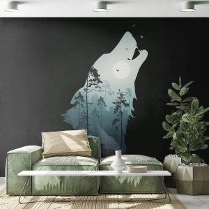 Fototapete Premium Sand - Silhouette eines Wolfes mit einer Waldlandschaft und dem Mond - 100x70cm - Die Stimme der Waldnacht - Moderne Wanddekoration für Wohnzimmer und Schlafzimmer ARTTOR
