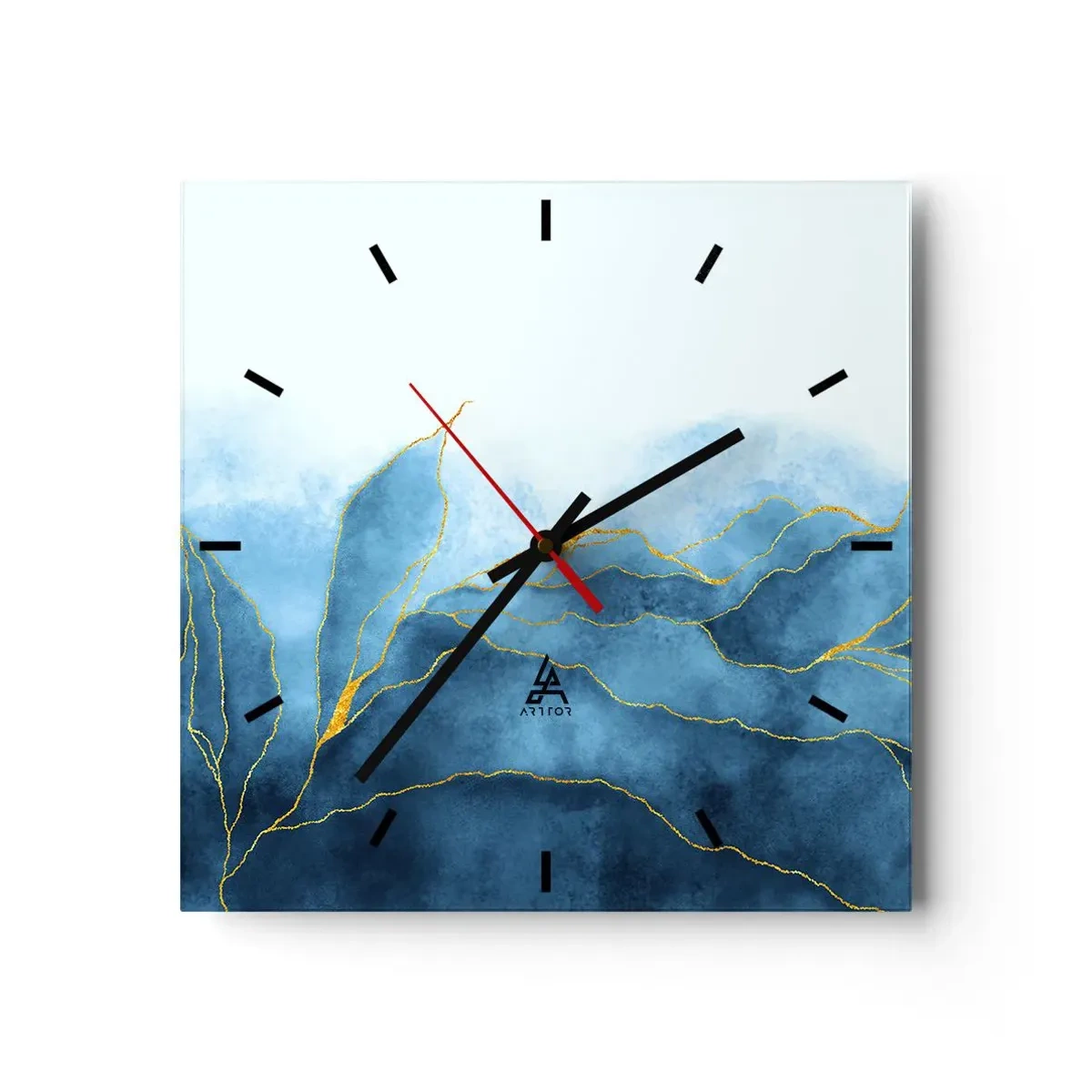 Wanduhr - Glasuhr - Abstrakte Wellen in Blautönen mit goldenen Akzenten - 30x30cm - Blau im Gold - Moderne Wanddekoration für Wohnzimmer und Schlafzimmer ARTTOR