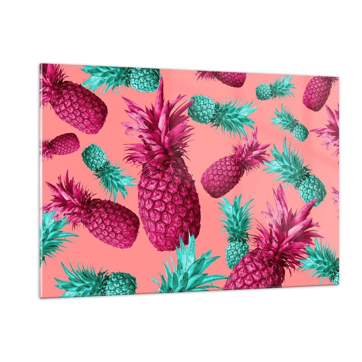 Glasbild - Bild auf glas - Bunte Ananas in Rosa- und Grüntönen auf rosa Hintergrund - 120x80cm - Freiheit ist süß - Moderne Wanddekoration für Wohnzimmer und Schlafzimmer ARTTOR