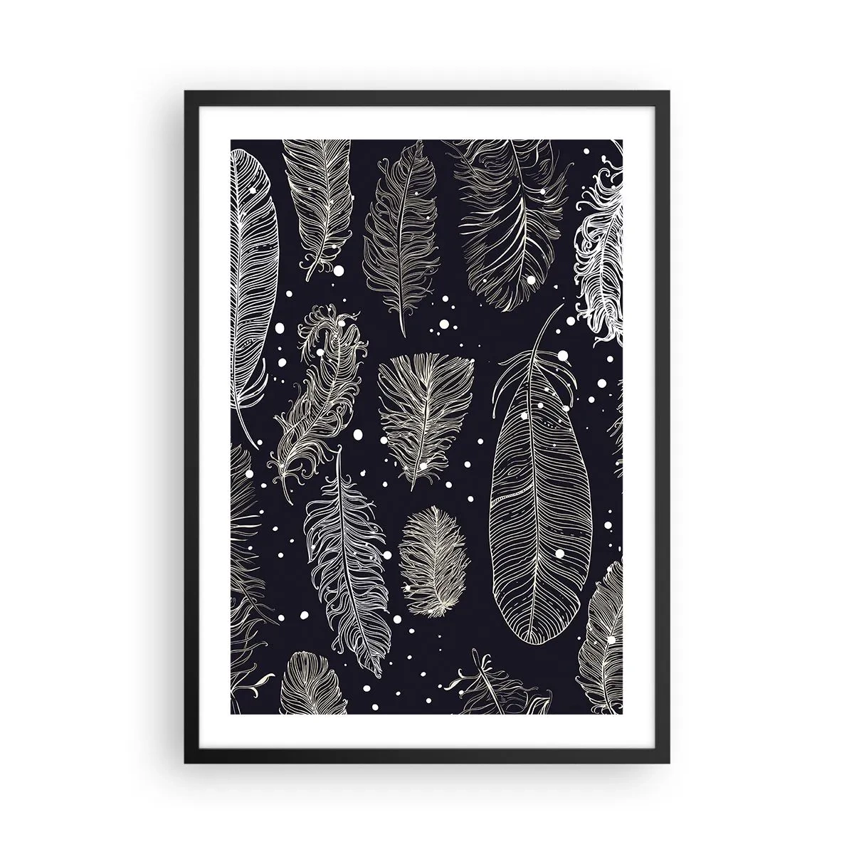 Poster in einem schwarzem Rahmen - Weiße Federn auf schwarzem Hintergrund in elegantem Arrangement - 50x70cm - Gefiederte Spitze - Moderne Wanddekoration für Wohnzimmer und Schlafzimmer ARTTOR