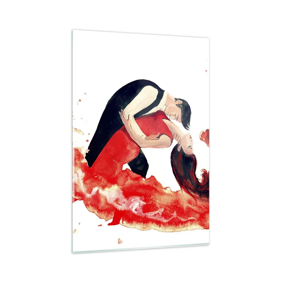 Glasbild - Bild auf glas - Ein dynamisches Aquarellgemälde eines tanzenden Paares in roten Farben. - 80x120cm - Tango - eine sinnliche Welle - Moderne Wanddekoration für Wohnzimmer und Schlafzimmer ARTTOR