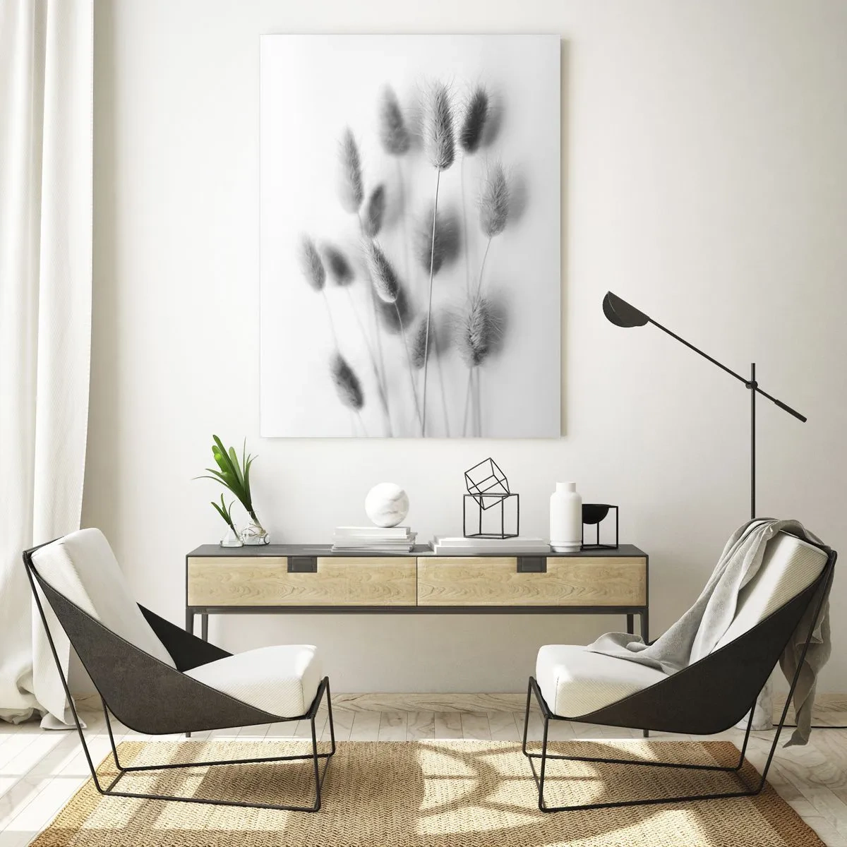 Glasbild - Bild auf glas - Zarte Gräser in Grautönen auf weißem Hintergrund - 80x120cm - Eure flauschige Grashoheit - Moderne Wanddekoration für Wohnzimmer und Schlafzimmer ARTTOR