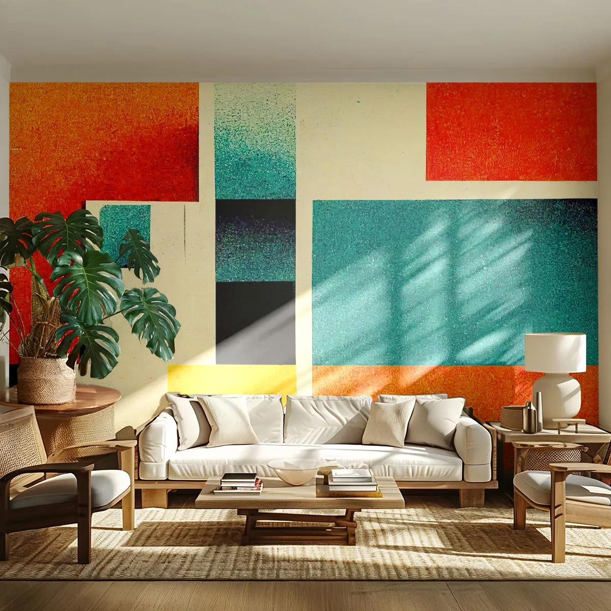 Fototapete Premium Sand - Geometrische Farbblöcke im Retro-Stil - 100x70cm - Geometrische Abstraktion – gute Energie - Moderne Wanddekoration für Wohnzimmer und Schlafzimmer ARTTOR