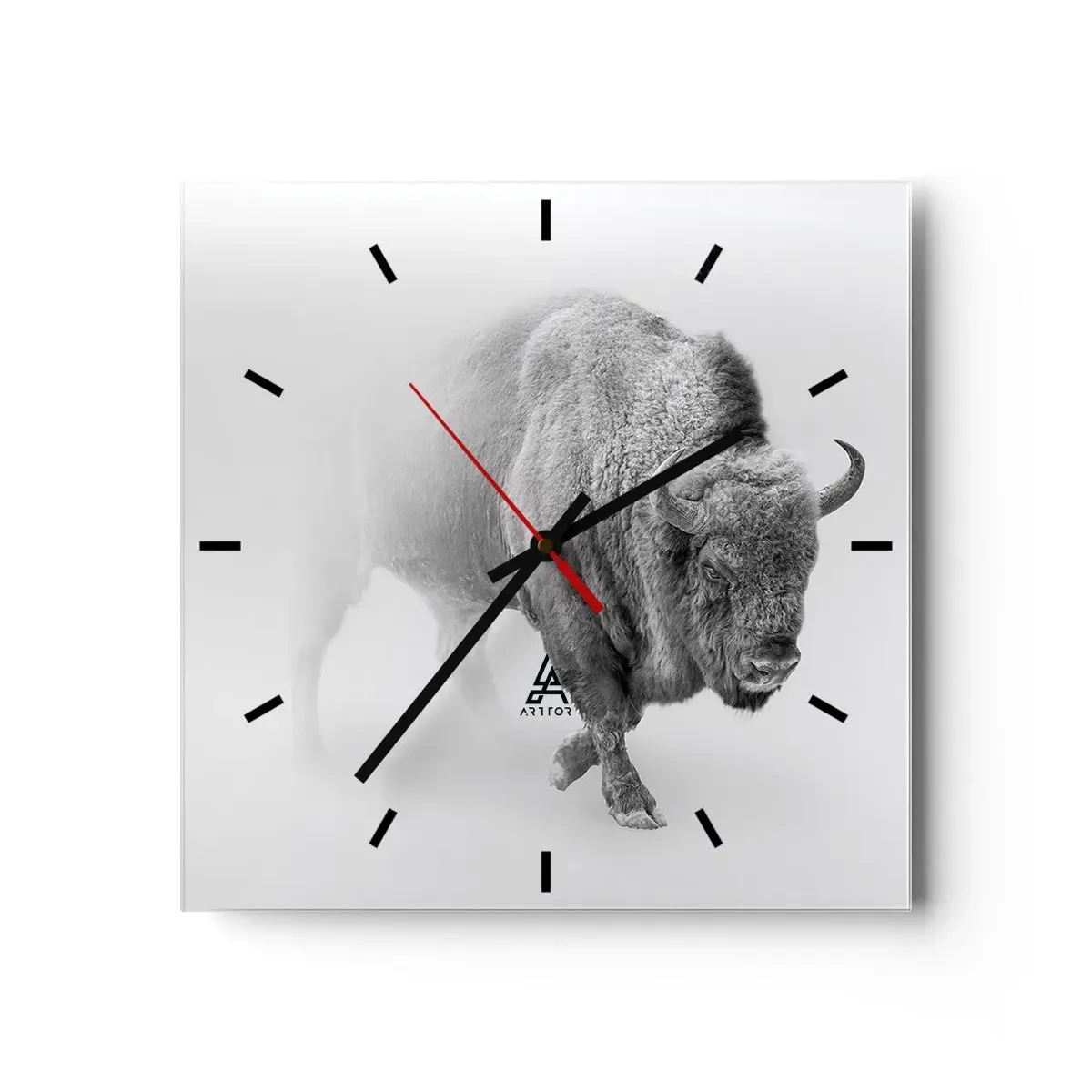 Wanduhr - Glasuhr - Weißer Bison in minimalistischem Ambiente - 30x30cm - König der Prärie - Moderne Wanddekoration für Wohnzimmer und Schlafzimmer ARTTOR