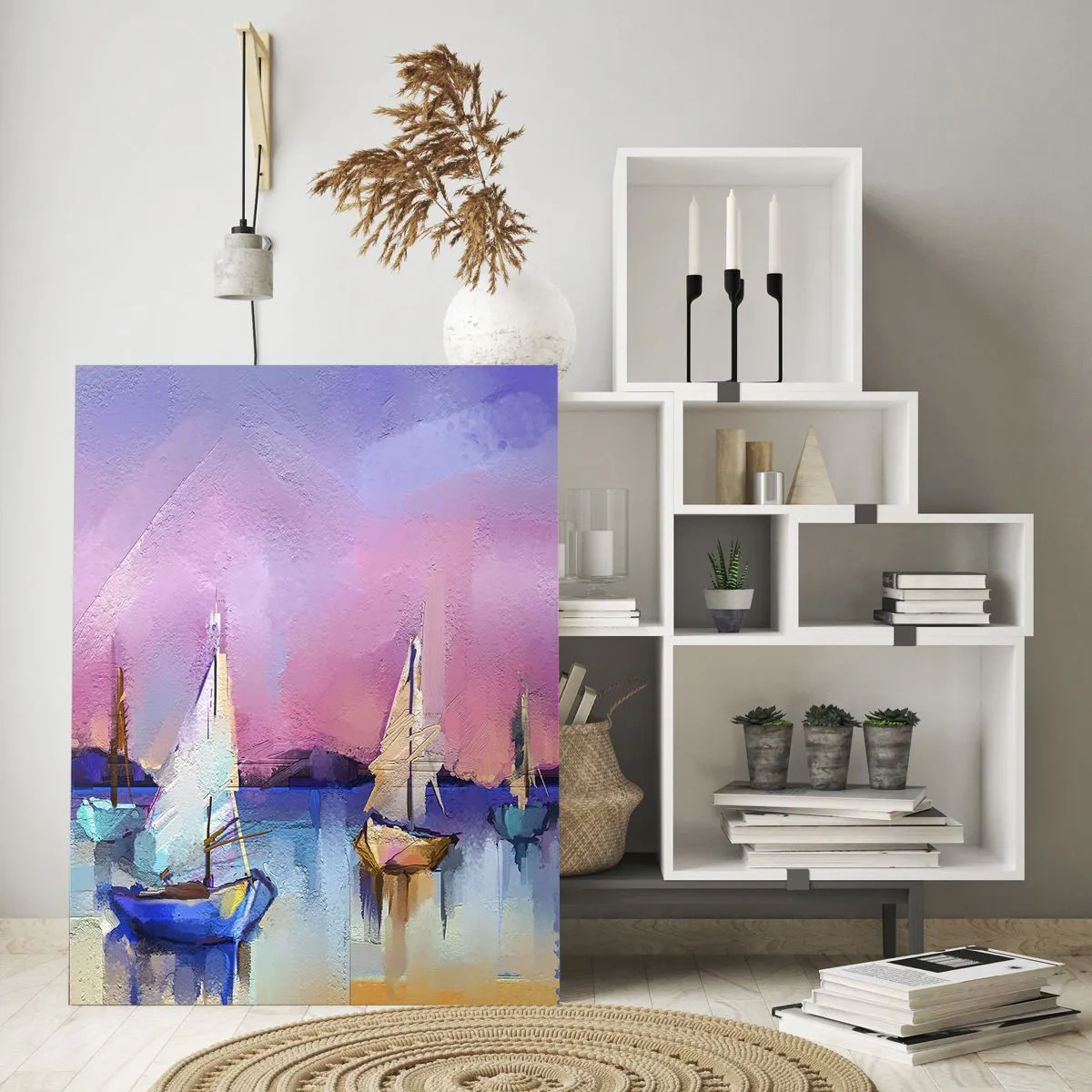 Glasbild - Bild auf glas - Abstrakter Yachthafen mit Segelbooten bei Sonnenuntergang - 50x70cm - Richtung: breites Wasser - Moderne Wanddekoration für Wohnzimmer und Schlafzimmer ARTTOR