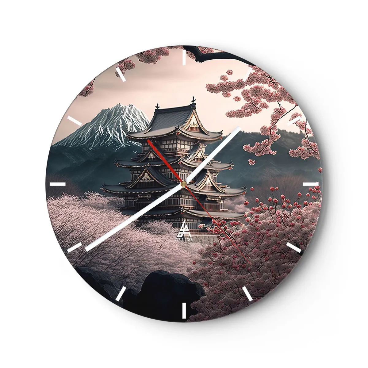 Wanduhr - Glasuhr - Eine traditionelle Pagode inmitten von Kirschblüten mit einem Berg im Hintergrund - 30x30cm - Land der Kirschblüten - Moderne Wanddekoration für Wohnzimmer, Küche und Schlafzimmer ARTTOR