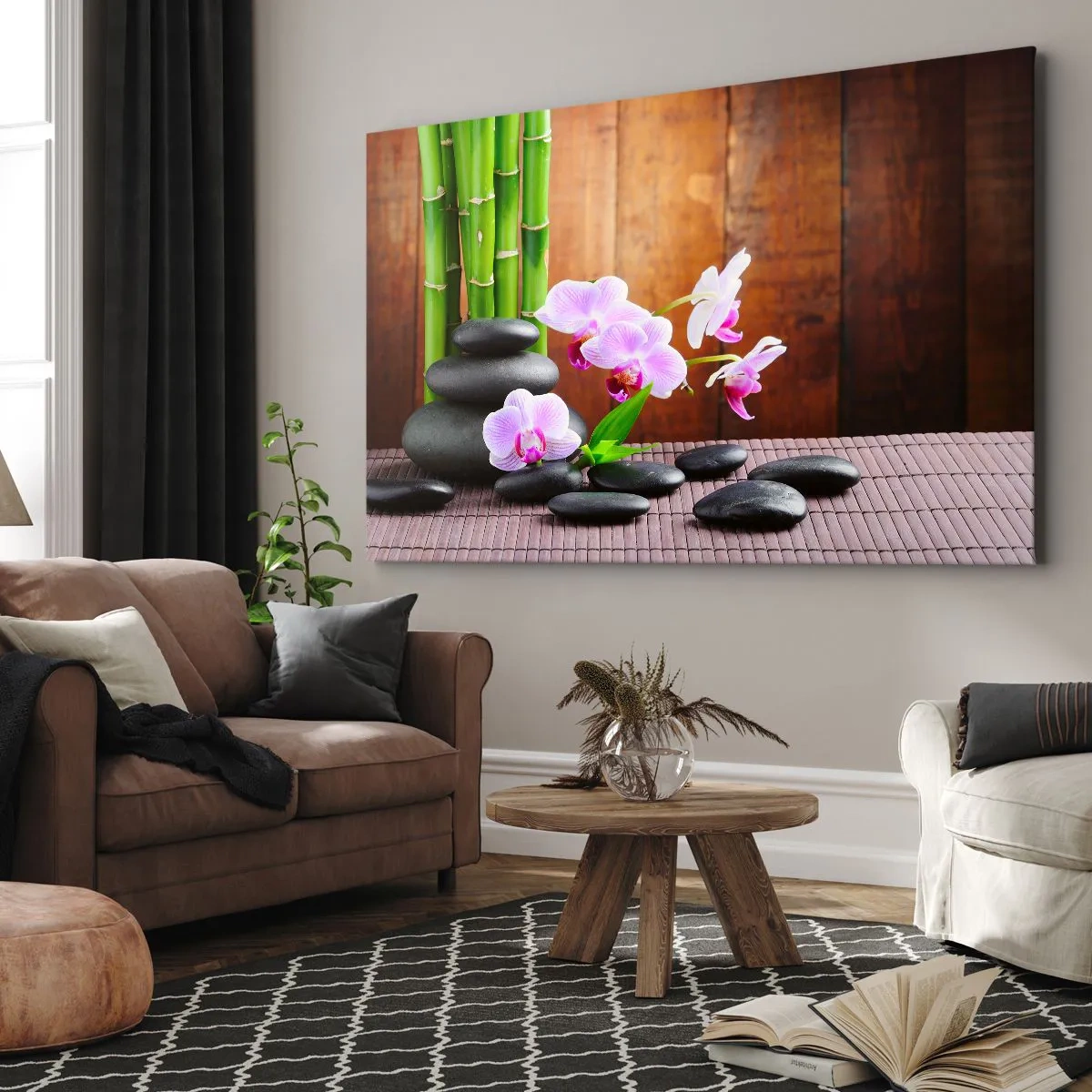 Bild auf Leinwand - Leinwandbild - Bambus, Steine und rosa Orchideen im Zen-Stil auf Holzhintergrund - 120x80cm - Treffen Sie die Freuden des Ostens - Moderne Wanddekoration für Wohnzimmer und Schlafzimmer ARTTOR