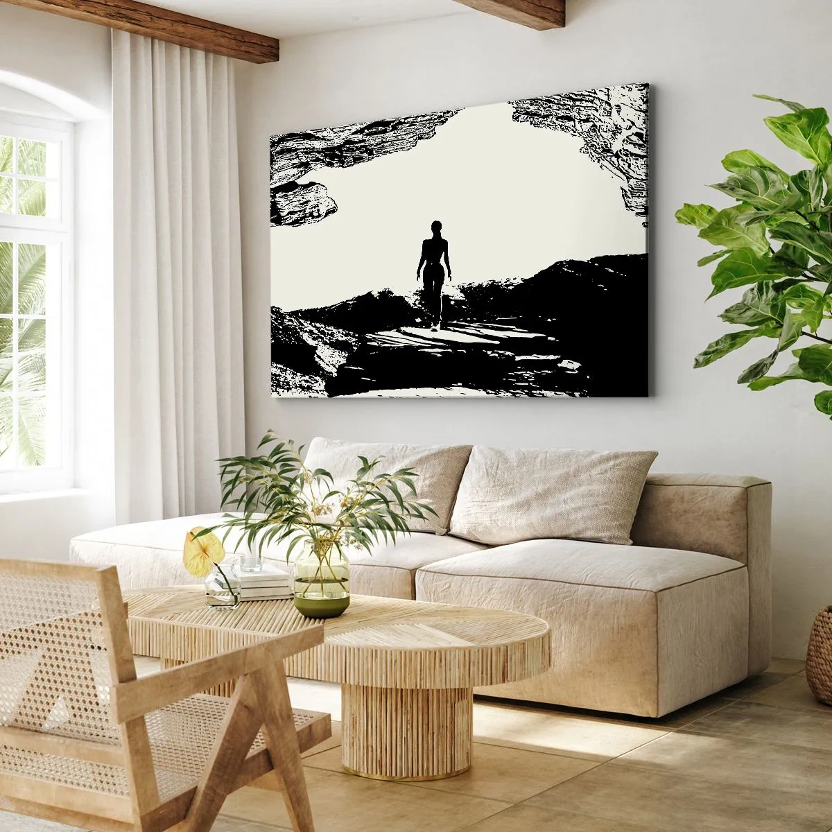 Bild auf Leinwand - Leinwandbild - Schwarz-weiße Silhouette einer Frau in einer Höhle gegen den Himmel - 120x80cm - Neuer Blick - Moderne Wanddekoration für Wohnzimmer und Schlafzimmer ARTTOR