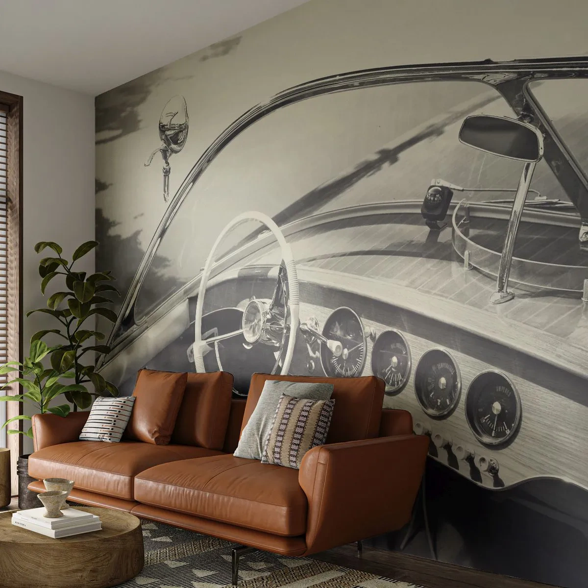 Fototapete Premium Sand - Wetter für die Reichen - Vintage-Boot, Motorboot, Schwarz und weiß - 200x140 cm