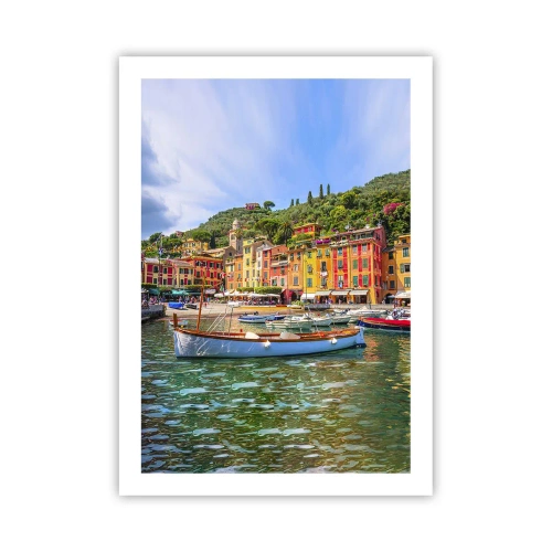 Poster - Hafenszene mit bunten Gebäuden und Booten - 50x70cm - Italienischer Morgen - Moderne Wanddekoration für Wohnzimmer und Schlafzimmer ARTTOR