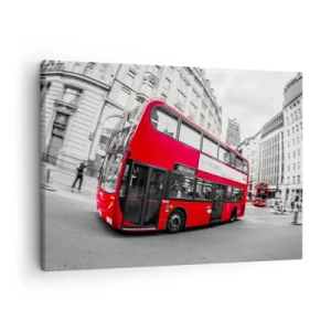 Bild auf Leinwand - Leinwandbild - Ein roter Londoner Bus vor einer schwarz-weißen Straße - 70x50cm - London traditionell - mit dem Bus - Moderne Wanddekoration für Wohnzimmer und Schlafzimmer ARTTOR