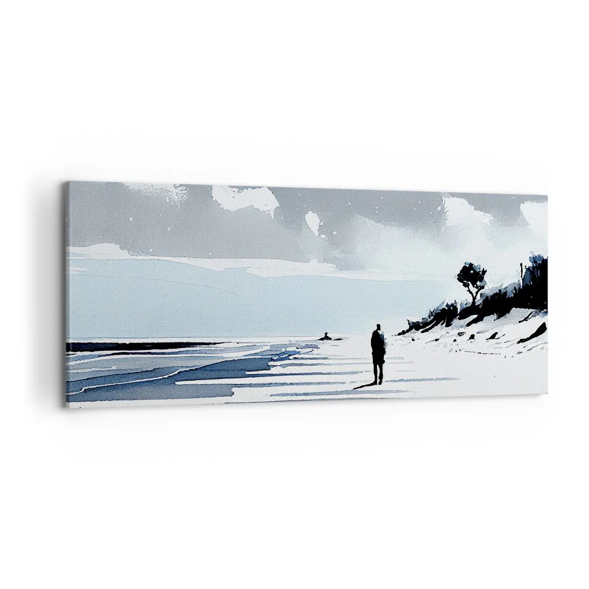 Bild auf Leinwand - Leinwandbild - Eine einsame Gestalt, die an einem leeren Strand entlanggeht - 120x50cm - Allein sein - Moderne Wanddekoration für Wohnzimmer und Schlafzimmer ARTTOR