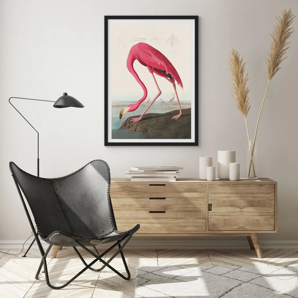 Poster in einem schwarzem Rahmen - Ein rosa Flamingo vor einer natürlichen Landschaft - 50x70cm - Erstaunliche Kreation - Moderne Wanddekoration für Wohnzimmer und Schlafzimmer ARTTOR