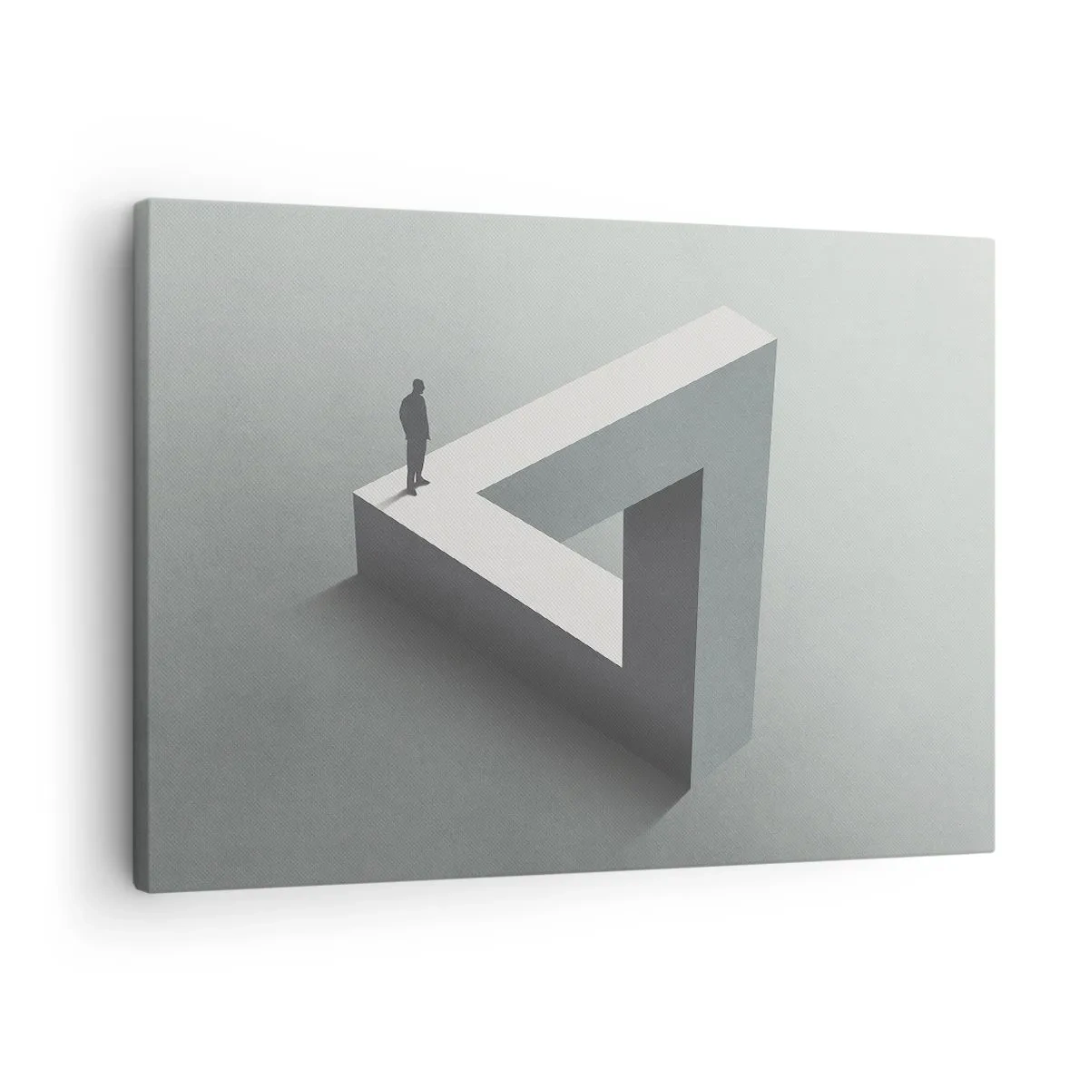 Bild auf Leinwand - Leinwandbild - Eine Figur, die auf einem Penrose-Dreieck in Grautönen steht. - 70x50cm - Es ist also doch möglich - Moderne Wanddekoration für Wohnzimmer und Schlafzimmer ARTTOR
