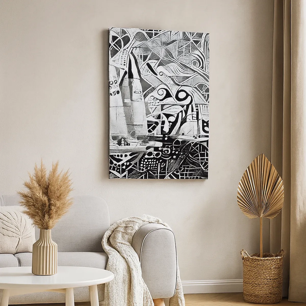 Bild auf Leinwand - Leinwandbild - Abstrakte Segelboote in einer monochromen Komposition - 50x70cm - Zwischen den Wellen - Moderne Wanddekoration für Wohnzimmer und Schlafzimmer ARTTOR