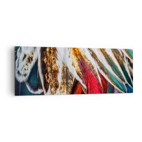 Bild auf Leinwand - Leinwandbild - Nahaufnahme von mehrfarbigen Federn in leuchtenden, intensiven Farben - 140x50cm - Geheimnisse des Fliegens - Moderne Wanddekoration für Wohnzimmer und Schlafzimmer ARTTOR