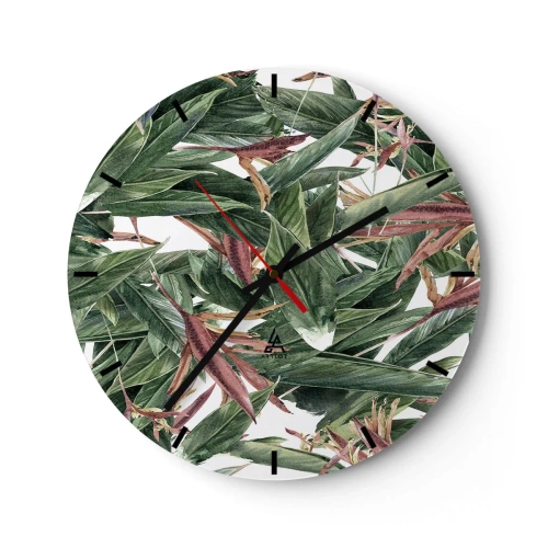 Wanduhr - Glasuhr - Grüne Blätter mit lila Akzenten auf weißem Hintergrund - 30x30cm - Smaragd-lila Dickicht - Moderne Wanddekoration für Wohnzimmer, Küche und Schlafzimmer ARTTOR
