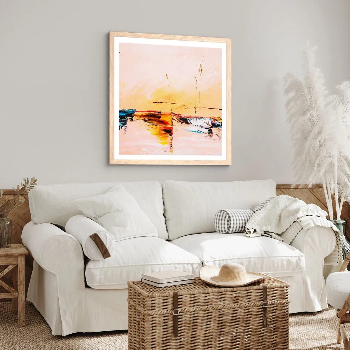 Poster in einem Rahmen aus heller Eiche - Abend im Yachthafen - 30x30 cm