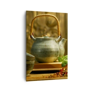 Bild auf Leinwand - Leinwandbild - Keramikkrug mit Tassen und getrocknetem Tee - 80x120cm - Abhandlung über das Teetrinken - Moderne Wanddekoration für Wohnzimmer und Schlafzimmer ARTTOR