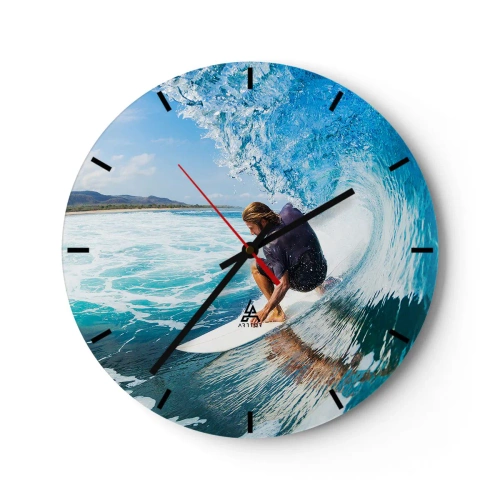 Wanduhr - Glasuhr - Surfer im Wasserwellentunnel - 30x30cm - Tanzen mit den Wellen - Moderne Wanddekoration für Wohnzimmer, Küche und Schlafzimmer ARTTOR