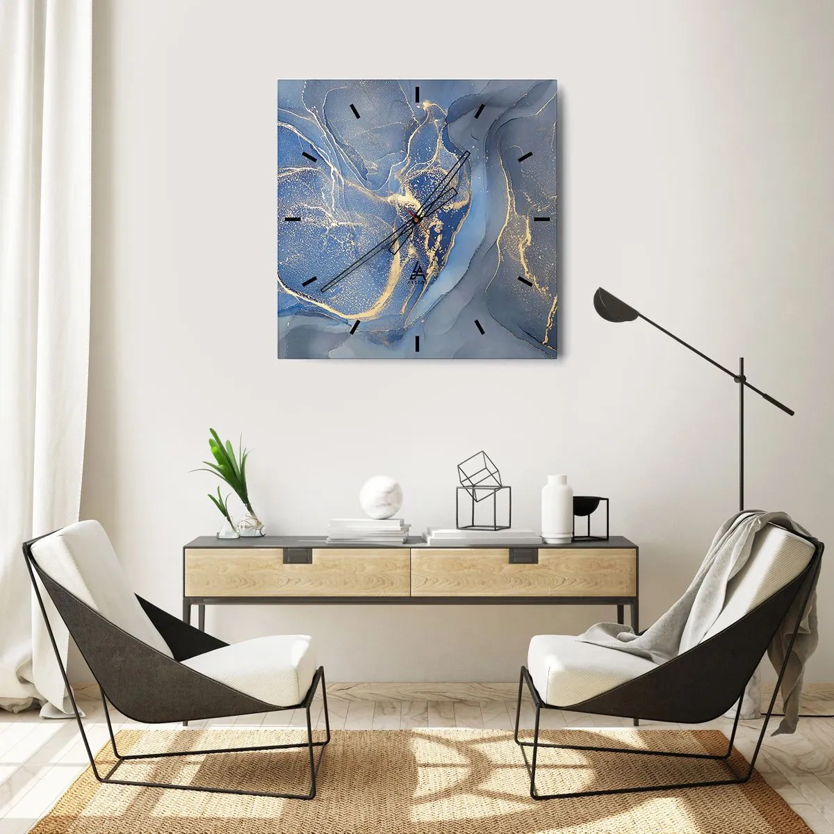 Wanduhr - Glasuhr - Abstrakte blaue Muster mit goldenen Akzenten - 30x30cm - Goldstaub - Moderne Wanddekoration für Wohnzimmer und Schlafzimmer ARTTOR