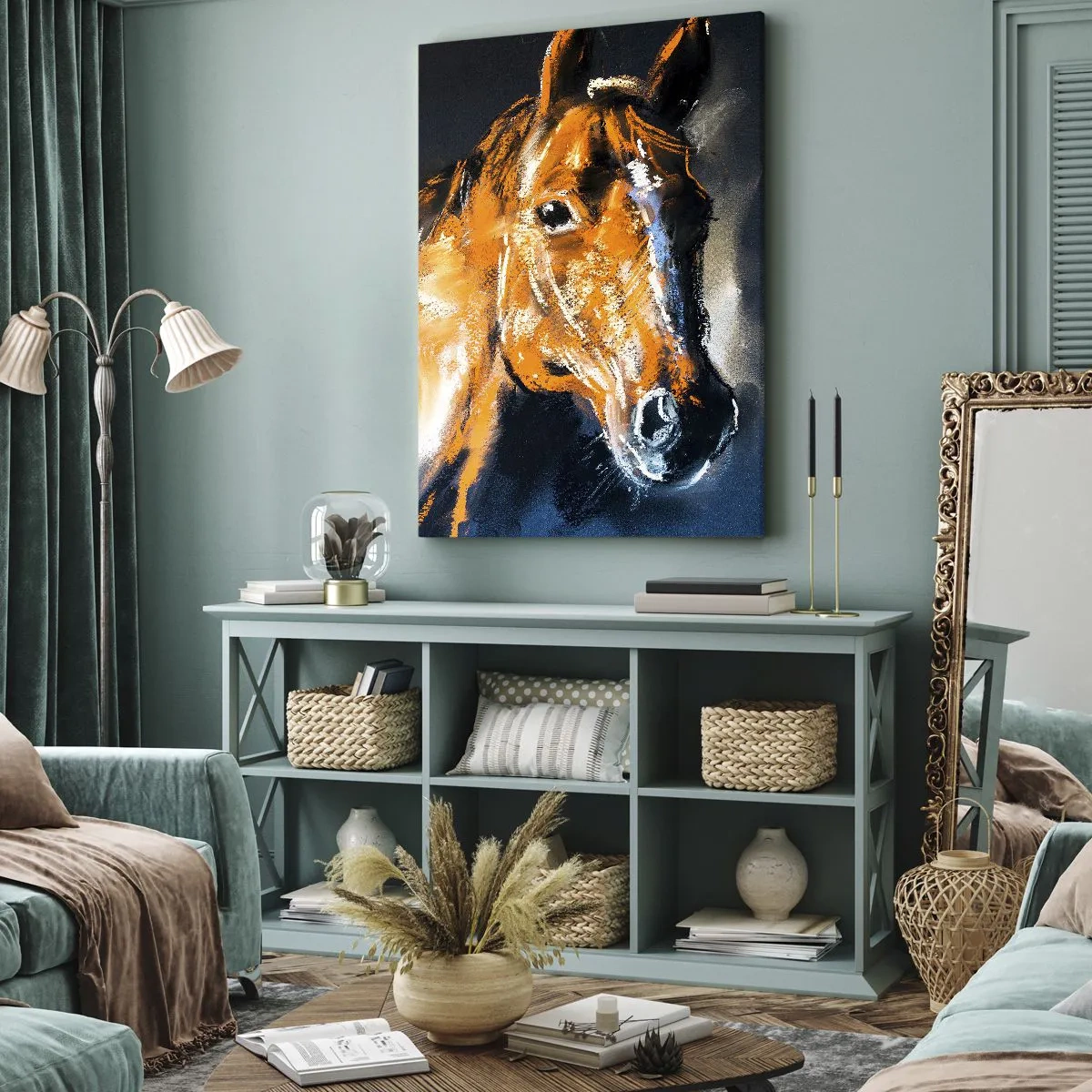 Bild auf Leinwand - Leinwandbild - Porträt eines Pferdes in einem dynamischen, malerischen Stil - 50x70cm - Also was, gehst du? - Moderne Wanddekoration für Wohnzimmer und Schlafzimmer ARTTOR
