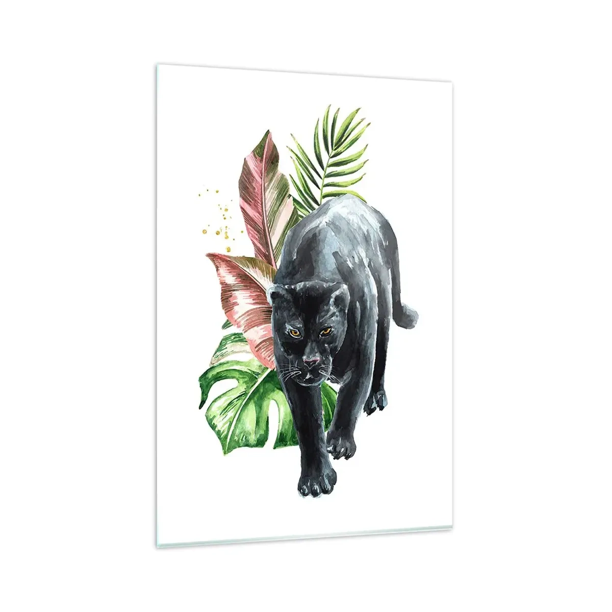 Glasbild - Bild auf glas - Schwarzer Panther, umgeben von tropischen Blättern - 80x120cm - Wildheit des Herzens - Moderne Wanddekoration für Wohnzimmer und Schlafzimmer ARTTOR