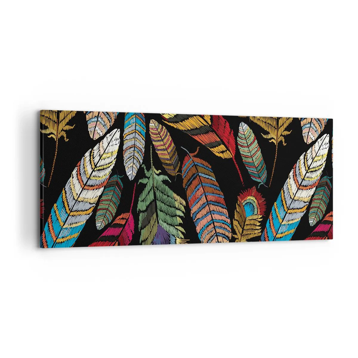Bild auf Leinwand - Leinwandbild - Bunte Federn auf schwarzem Hintergrund - 120x50cm - Der Vogelkarneval - Moderne Wanddekoration für Wohnzimmer und Schlafzimmer ARTTOR